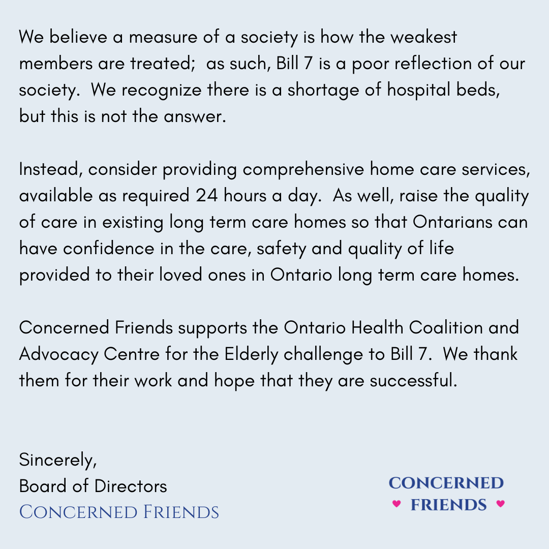 CF_ontario's tweet photo. We stand with @OntarioHealthC and the Advocacy Centre for the Elderly in opposing Bill 7, which forces older adults into long-term care homes not of their choosing. Read our full position on why this bill promotes ageism and ableism.
#Bill7 #SeniorRights #LongTermCareOntario https://t.co/28fTogK0mb