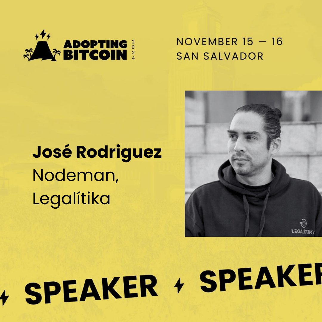 Adopting Bitcoin (@adoptingbtc) on Twitter photo 🙌 SPEAKER ANNOUNCEMENT
Thrilled to announce Jose Rodriguez will be joining us at #AB24! ⚡️
As Co-founder of <a href="/nodemanbtc/">NODEMAN 🇸🇻⚡️</a>, Jose provides essential legal services for the Bitcoin industry, helping businesses establish operations in El Salvador. He’s also a board member of 🙌 SPEAKER ANNOUNCEMENT
Thrilled to announce Jose Rodriguez will be joining us at #AB24! ⚡️
As Co-founder of <a href="/nodemanbtc/">NODEMAN 🇸🇻⚡️</a>, Jose provides essential legal services for the Bitcoin industry, helping businesses establish operations in El Salvador. He’s also a board member of