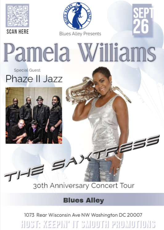 Latinjazzy's tweet photo. 30TH ANNIVERSARY CONCERT TOUR KICK-OFF!
THIS THURSDAY 9/26/24 PERFORMING AT @bluesalley THE SAXTRESS PAMELA WILLIAMS FEATURING @phaze_ii  !! https://t.co/OBSBGD4zjN