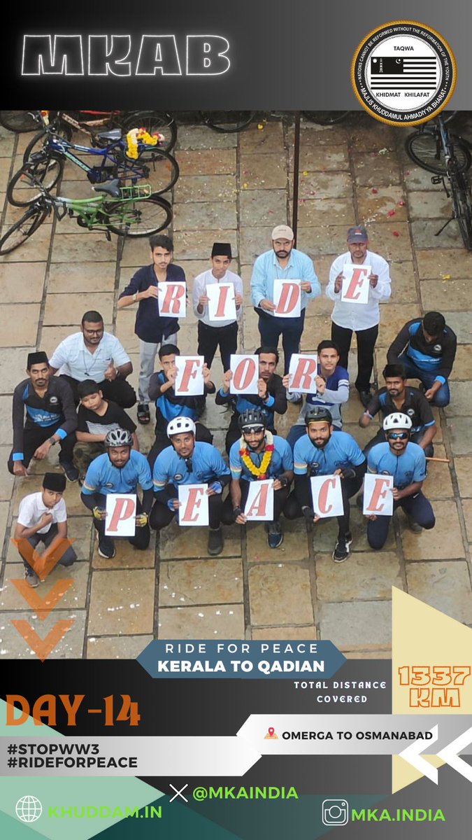 mkaindia's tweet photo. Day 14 : #RideForPeace
Pedaling with purpose, pushing boundaries for #peace. Every mile is a message : #StopWW3
Cyclists covered 102 KM from #Omerga to #Osmanabad (Dharashiv) received a heartfelt reception @ Osmanabad, Your love fuels our ride for peace!
Distance covered: 1337 https://t.co/mUioqYTU9e