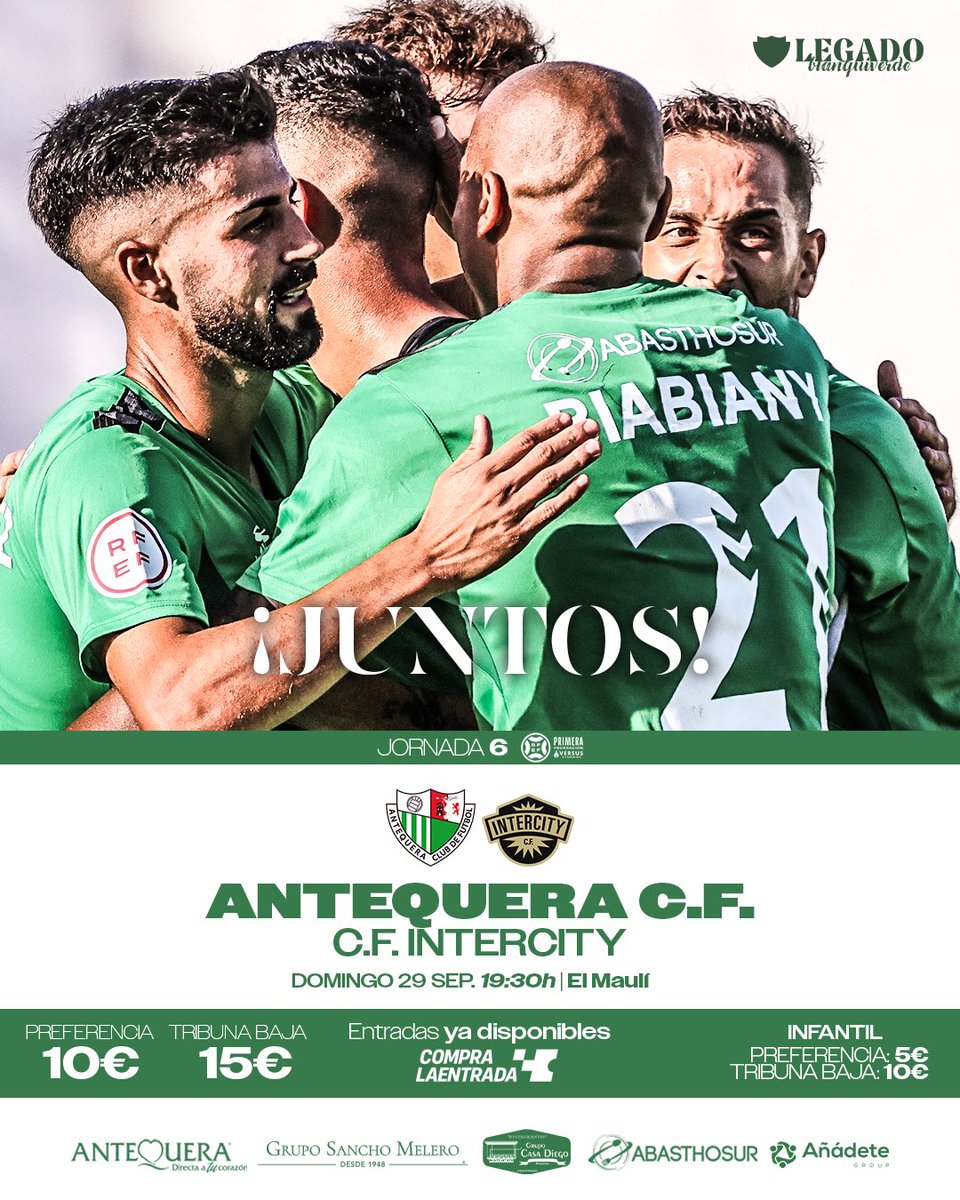 AntequeraCF's tweet image. 𝑱𝒖𝒏𝒕𝒐𝒔. 🤍💚

🆚 @CFIntercity 
📅 Domingo 29 de septiembre
⌚️ 19:30 horas
🏆 J6 #PrimeraRFEF
🏟️ El Maulí

🎫 Entradas ya disponibles en antequeracf.compralaentrada.com

#AntequeraIntercity #LegadoBlanquiverde