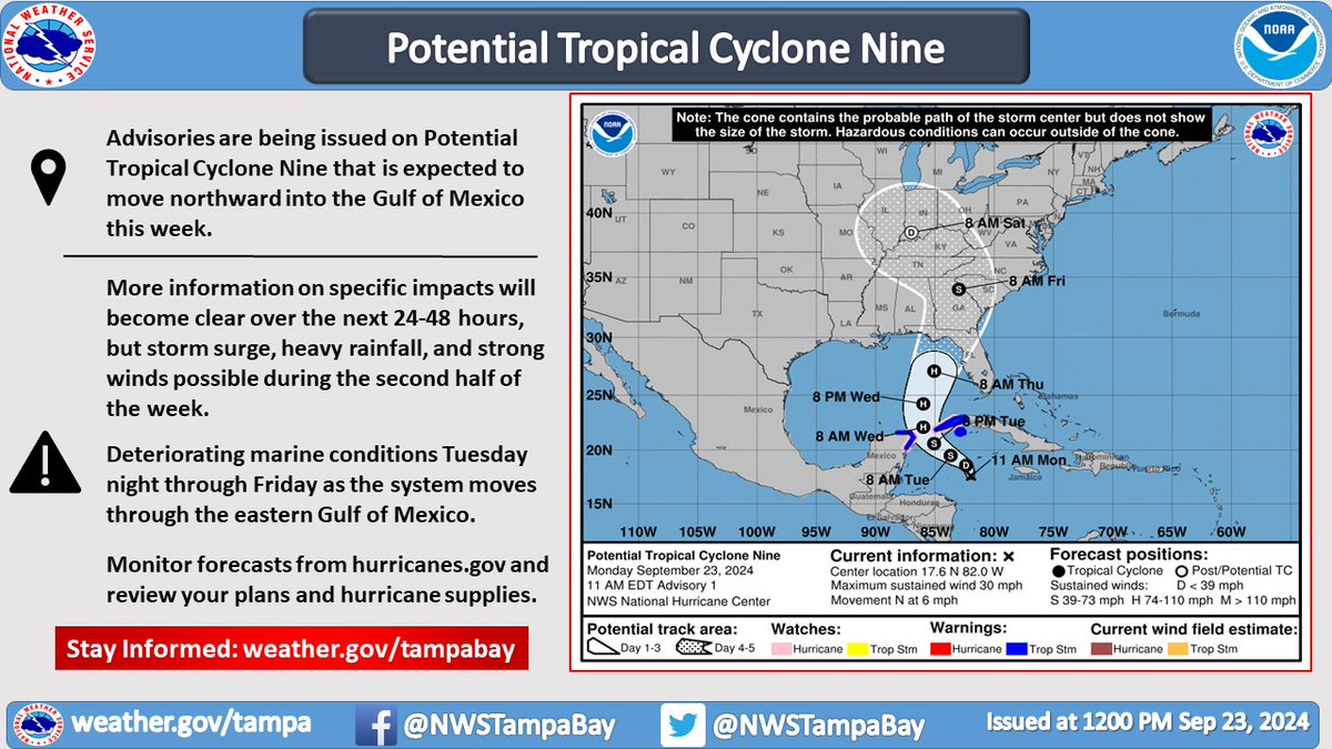 Advisories are being issued on Potential Tropical Cyclone Nine that is expected to move northward into the Gulf of Mexico this week. Follow the latest at nhc.noaa.gov. #flwx