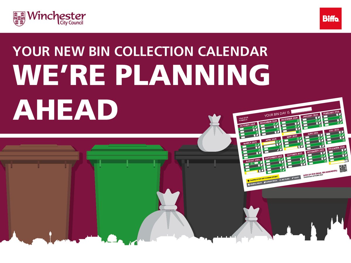 WinchesterCity's tweet photo. Your new bin calendar starts on 7 October. 

ℹ️ Did you know? You can see all your bin collection dates from 30 September onwards on the website at https://t.co/v6Cw0GWBpS .  1/3 https://t.co/QjyywvuVI9