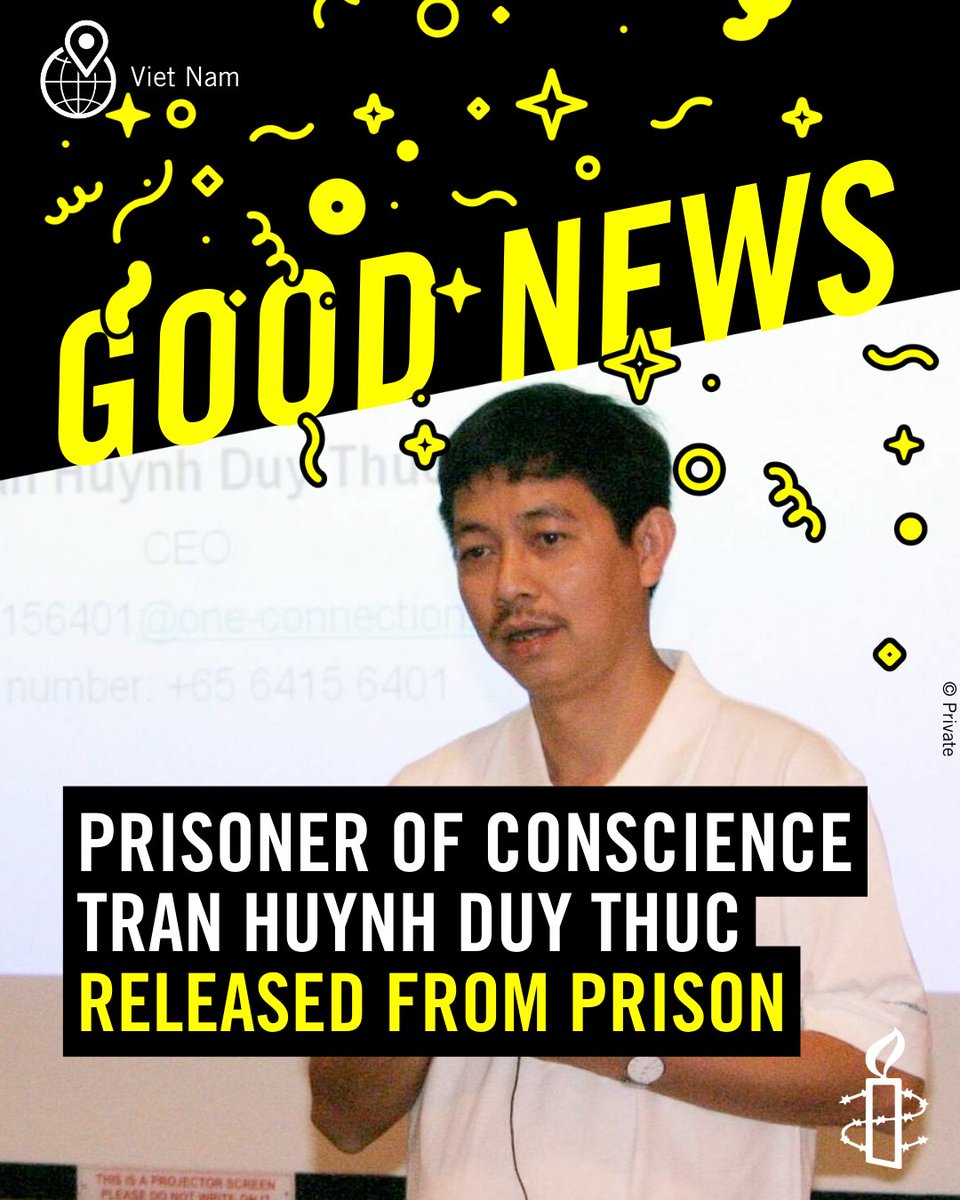 amnesty's tweet photo. Tran Huynh Duy Thuc has been released from prison after 14 years behind bars. He should never have been in jail in the first place. https://t.co/HKAu9KnJ74