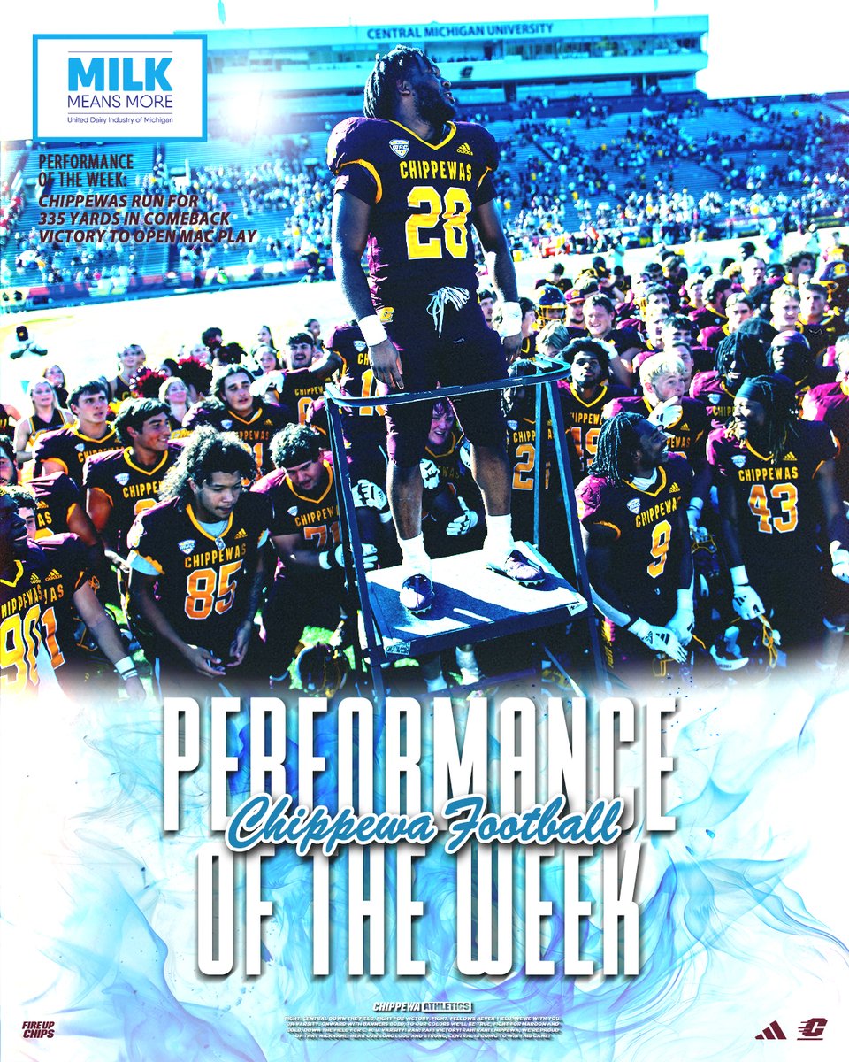 CMUAthletics's tweet photo. 𝙐𝙣𝙞𝙩𝙚𝙙 𝘿𝙖𝙞𝙧𝙮 𝙋𝙚𝙧𝙛𝙤𝙧𝙢𝙖𝙣𝙘𝙚 𝙤𝙛 𝙩𝙝𝙚 𝙒𝙚𝙚𝙠: @cmu_football offense ruses for 335 yards in their comeback victory over Ball State to open MAC play. The Chippewas lead the @macsports in rushing yards this season!

Perform your best by fueling with protein-rich chocolate milk 🥛

#FireUpChips🔥⬆️🏈 | @milkmeansmore