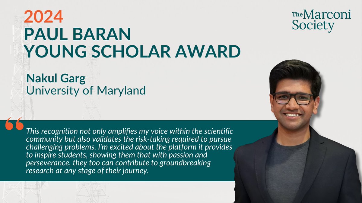 UMIACS (@umiacs) on Twitter photo Congrats to Nakul Garg (<a href="/nakulgarg22/">Nakul Garg</a>) on receiving the Paul Baran Young Scholar Award from the <a href="/MarconiSociety/">The Marconi Society</a>. Advised by Nirupam Roy (<a href="/NeeeRooo9/">Nirupam Roy</a>), his work in low-power sensing & wireless systems is shaping the future of sustainable tech. Learn more: go.umd.edu/1rr7 Congrats to Nakul Garg (<a href="/nakulgarg22/">Nakul Garg</a>) on receiving the Paul Baran Young Scholar Award from the <a href="/MarconiSociety/">The Marconi Society</a>. Advised by Nirupam Roy (<a href="/NeeeRooo9/">Nirupam Roy</a>), his work in low-power sensing & wireless systems is shaping the future of sustainable tech. Learn more: go.umd.edu/1rr7