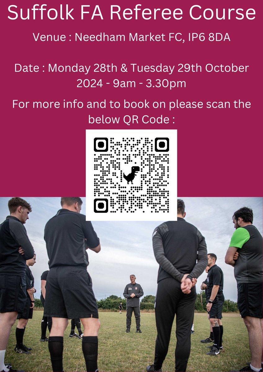 Would you like to become a Suffolk FA Referee?
We have a Referee course taking place at <a href="/needhammktfc/">Needham Market FC</a> during the October half term holidays
Booking link: 

eventspace.thefa.com/suffolkfa/even…

#AThrivingLocalGame