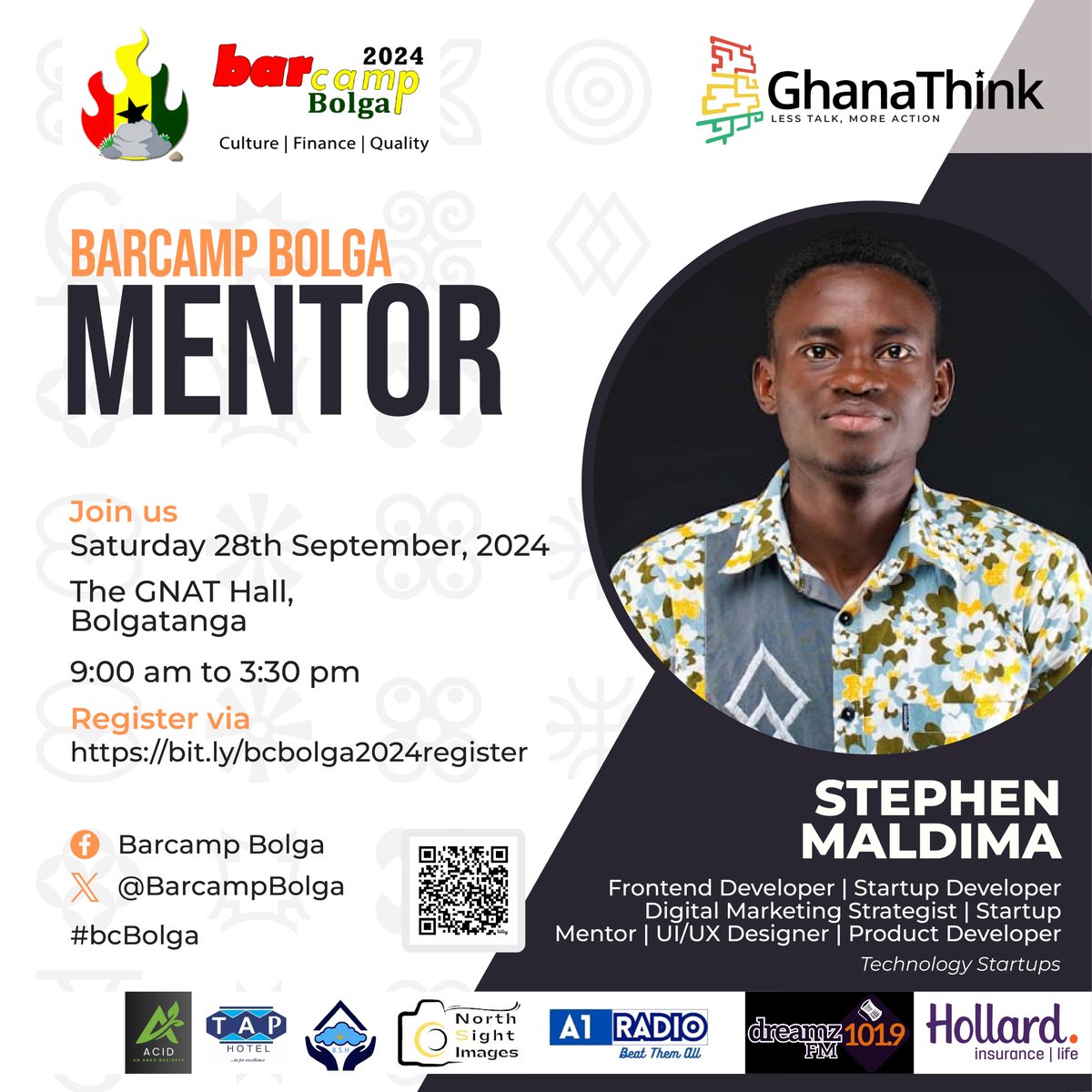 BarcampBolga's tweet photo. Join #BarcampBolga 2024 on September 28 @ GNAT Hall, #Bolgatanga.
Register: https://t.co/jQvlk8So6H
#bcbolga mentor: Stephen Maldima @MaldimaStephen | #FrontendDeveloper | #StartupDeveloper | Digital Marketing Strategist | Startup Mentor | UI/UX Designer | #Product Developer https://t.co/FA7MmrsTBZ