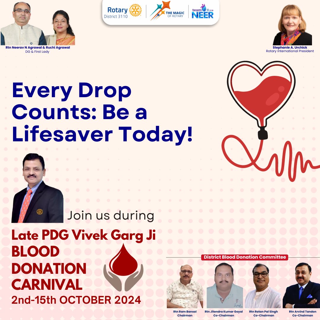 Rotary3110's tweet photo. Donate Blood - Save Lives

Do join us during Late PDG Vivek Garg Ji Blood Donation Carnival from 2nd Oct - 15th October across RID 3110. Please connect with your Rotary Club to know more details.

#BloodDonationCamp #blooddonationdrive #rotary #rotaryinternational #RotaryInAction https://t.co/sZR2NvW4hy