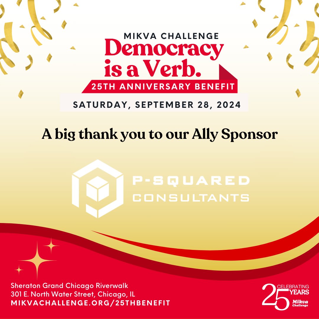 Thank you to Ally Sponsor, P-Squared Consultants! Your support makes a difference! Celebrate with us on Sept 28th! mikvachallenge.org/25thbenefit #MikvaChallenge25 #AllySponsor