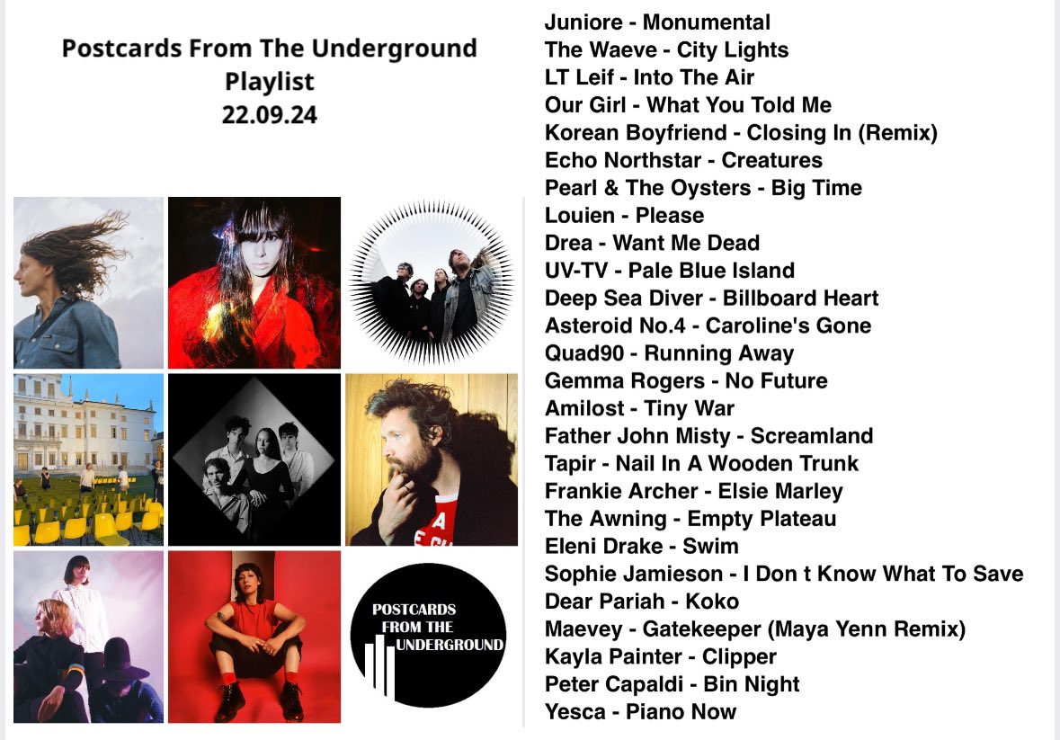 Postcards From The Underground (@postcardsftu) on Twitter photo Latest PFTU now up on <a href="/mixcloud/">Mixcloud</a> at mixcloud.com/PFTU/pftu-2292…
On the playlist <a href="/heyjuniore/">Juniore</a>
<a href="/The_Waeve/">The WAEVE</a>
<a href="/pearltheoysters/">Pearl & the Oysters</a>
<a href="/UVTVmusic/">UV-TV</a>
<a href="/KaylaPainter/">Kayla Painter 💜🌎</a>
@sophie_j_music
<a href="/_amilost_/">amilost</a>
<a href="/deepseadiverbnd/">DEEP SEA DIVER</a>
<a href="/fatherjohnmisty/">Father John Misty</a>
<a href="/TheAsteroid4/">THE ASTEROID NO.4</a>
<a href="/frankiearcherm/">Frankie Archer</a>
<a href="/TheAwningband/">The Awning</a>
❤️❤️❤️ Latest PFTU now up on <a href="/mixcloud/">Mixcloud</a> at mixcloud.com/PFTU/pftu-2292…
On the playlist <a href="/heyjuniore/">Juniore</a>
<a href="/The_Waeve/">The WAEVE</a>
<a href="/pearltheoysters/">Pearl & the Oysters</a>
<a href="/UVTVmusic/">UV-TV</a>
<a href="/KaylaPainter/">Kayla Painter 💜🌎</a>
@sophie_j_music
<a href="/_amilost_/">amilost</a>
<a href="/deepseadiverbnd/">DEEP SEA DIVER</a>
<a href="/fatherjohnmisty/">Father John Misty</a>
<a href="/TheAsteroid4/">THE ASTEROID NO.4</a>
<a href="/frankiearcherm/">Frankie Archer</a>
<a href="/TheAwningband/">The Awning</a>
❤️❤️❤️
