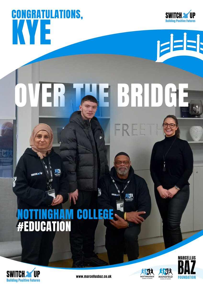 SwitchUpNotts's tweet photo. Congratulations to Kye who has turned his life around after being excluded from school. 

He has been supported into @NottmCollege Highfield Campus to study Electrical Engineering. 

Fantastic work - well done, Kye 👍

#OverTheBridge
#BuildingPositiveFutures https://t.co/jXvbtlBrSy