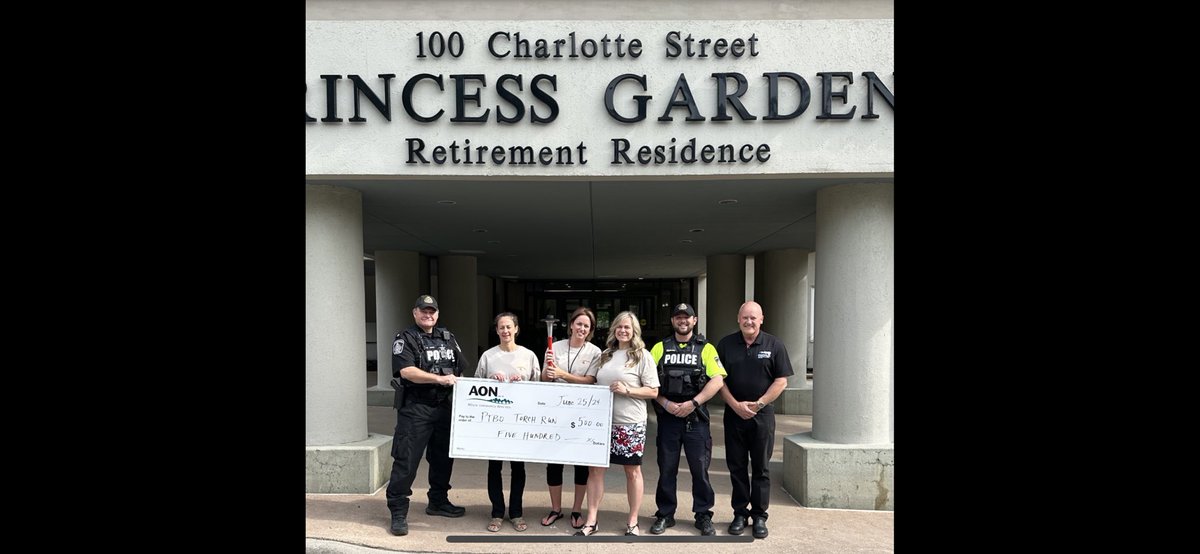Burdettski1's tweet photo. As we close out our 2024 local Torch Run Season ⁦@PtboPolice⁩ ⁦@torchrunontario⁩ @PeterboroughSOO⁩ we would@like to thank one of our major sponsors Aon Inc and The Gardens of Peterborough Retirement Residences The have been helping us sponsor T shirts for 20 years. https://t.co/74vWS2q9wR