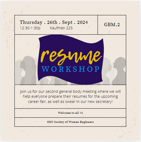 This Thursday, we will be having a resume workshop in preparation for the career fair on 10/3. We will also be voting on and swearing in our new secretary for this academic year!