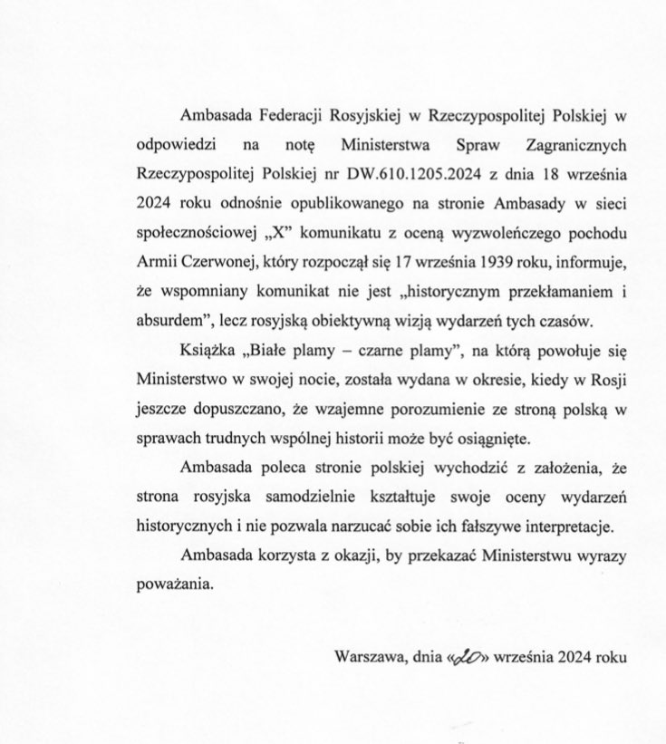 Russian Embassy, PL (@rusemb_pl) on Twitter photo W odpowiedzi na przekazaną przez <a href="/MSZ_RP/">Ministerstwo Spraw Zagranicznych RP 🇵🇱</a> notę odnośnie opublikowanego na stronie Ambasady Rosji w sieci „X” komunikatu Ambasada wysłała notę o następującej treści: W odpowiedzi na przekazaną przez <a href="/MSZ_RP/">Ministerstwo Spraw Zagranicznych RP 🇵🇱</a> notę odnośnie opublikowanego na stronie Ambasady Rosji w sieci „X” komunikatu Ambasada wysłała notę o następującej treści: