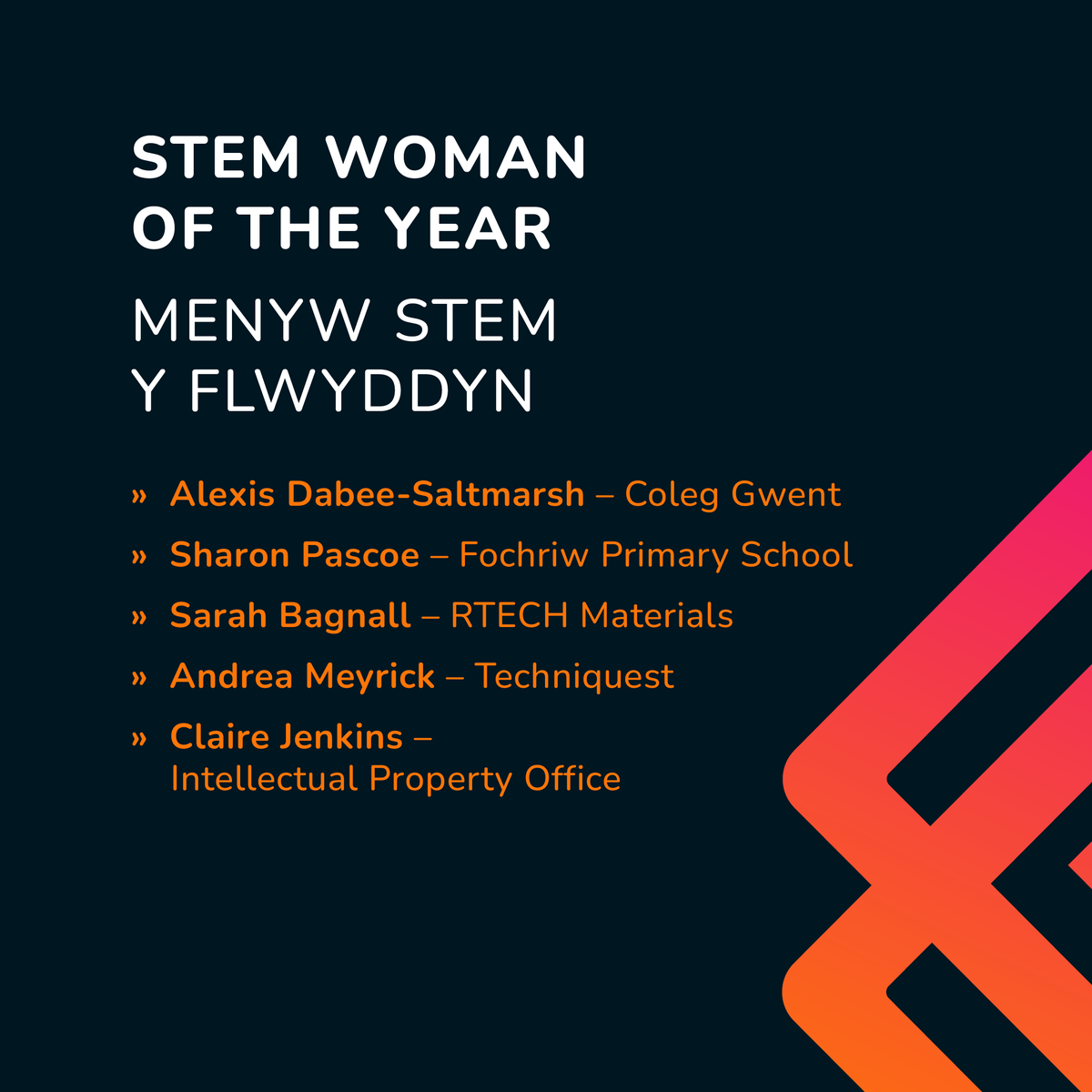 WalesStem's tweet photo. Congratulations to our STEM Woman of the Year finalists:
β Alexis Dabee-Saltmarsh β @coleggwent
β Sharon Pascoe β @fcwpa
β Sarah Bagnall β @RTech_Materials
β Andrea Meyrick β @Techniquest
β Claire Jenkins β @The_IPO
Llongyfarchiadau mawr!
#WalesSTEMAwards https://t.co/SsKcvEttrr