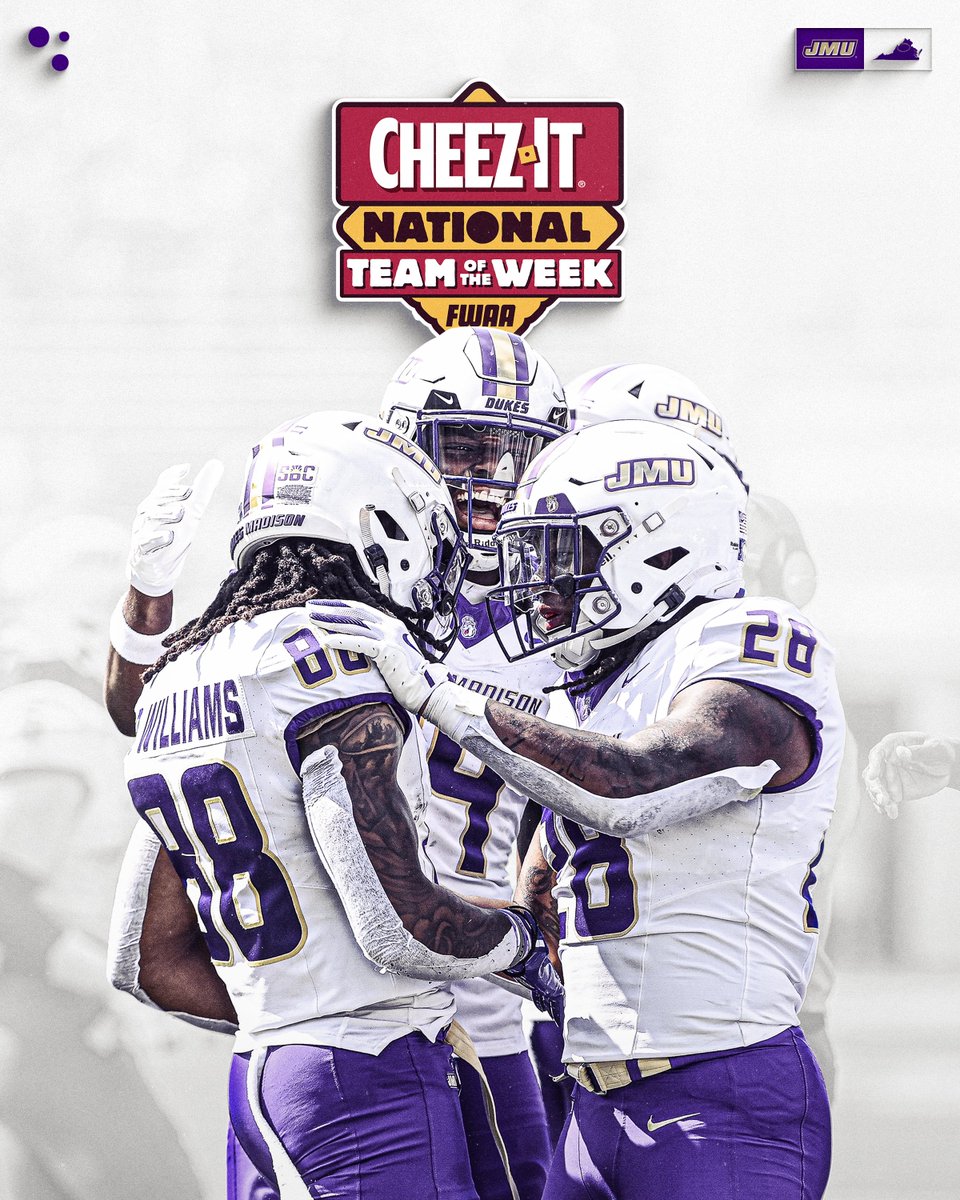 National Team of the Week. 

JMU's 70-point performance earns the program its first Cheez-It National Team of the Week Honor 🏆

📰 tinyurl.com/2cf8ftv6

#GoDukes