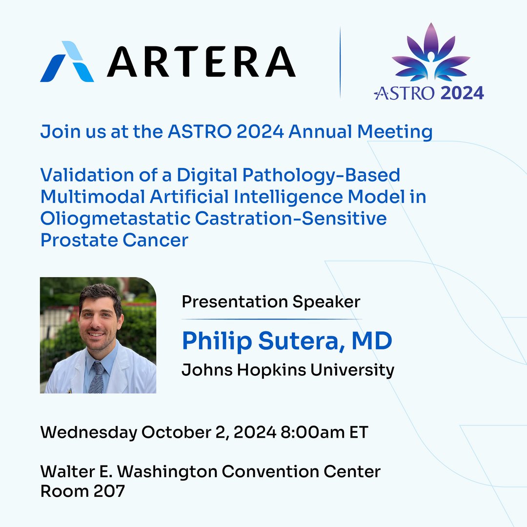 arteraAI's tweet photo. Artera is excited to participate in #ASTRO24!

Don't miss the oral presentations from Yang Song of @UMBaltimore and Philip Sutera of @JohnsHopkins, Oct 2 at 8:00 AM and 8:10 AM ET!

#ArteraOnTheGo #CancerTreatment #ProstateCancer https://t.co/07o1h62C3L