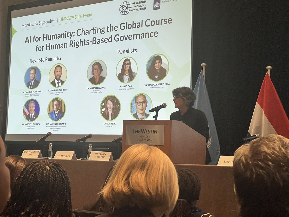 <a href="/alison_gillwald/">Alison Gillwald</a> moderating this #UNGA79 side event.

Some of the questions going to be addressed:
 1. How can the AI for humanity report align with international law and with international human rights frameworks
2. How does it address the distribution of opportunities and harms