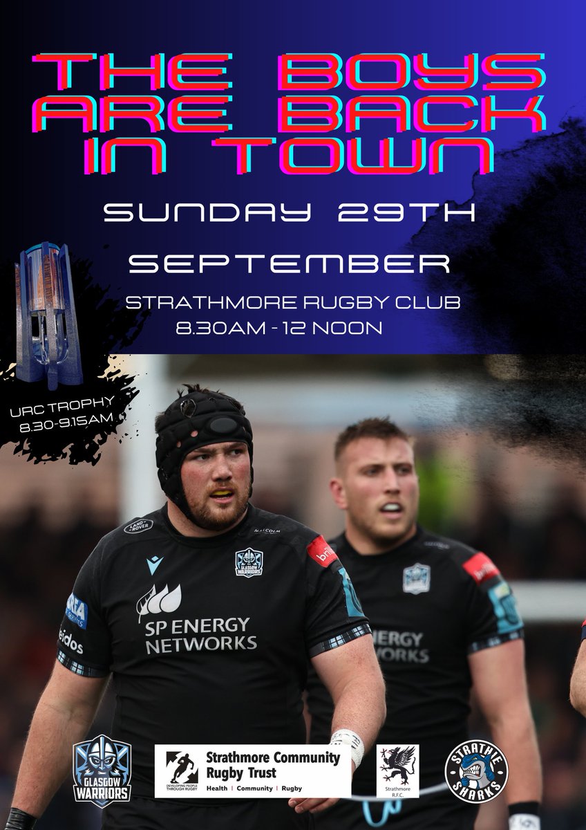 🤩 SUNDAY 29th SEPTEMBER 

We're excited to let you know that Trust Ambassadors and Scotland and Glasgow rugby legends Matt and Zander Fagerson will be visiting us at Strathmore Rugby Club and they'll be bringing the URC trophy with them!