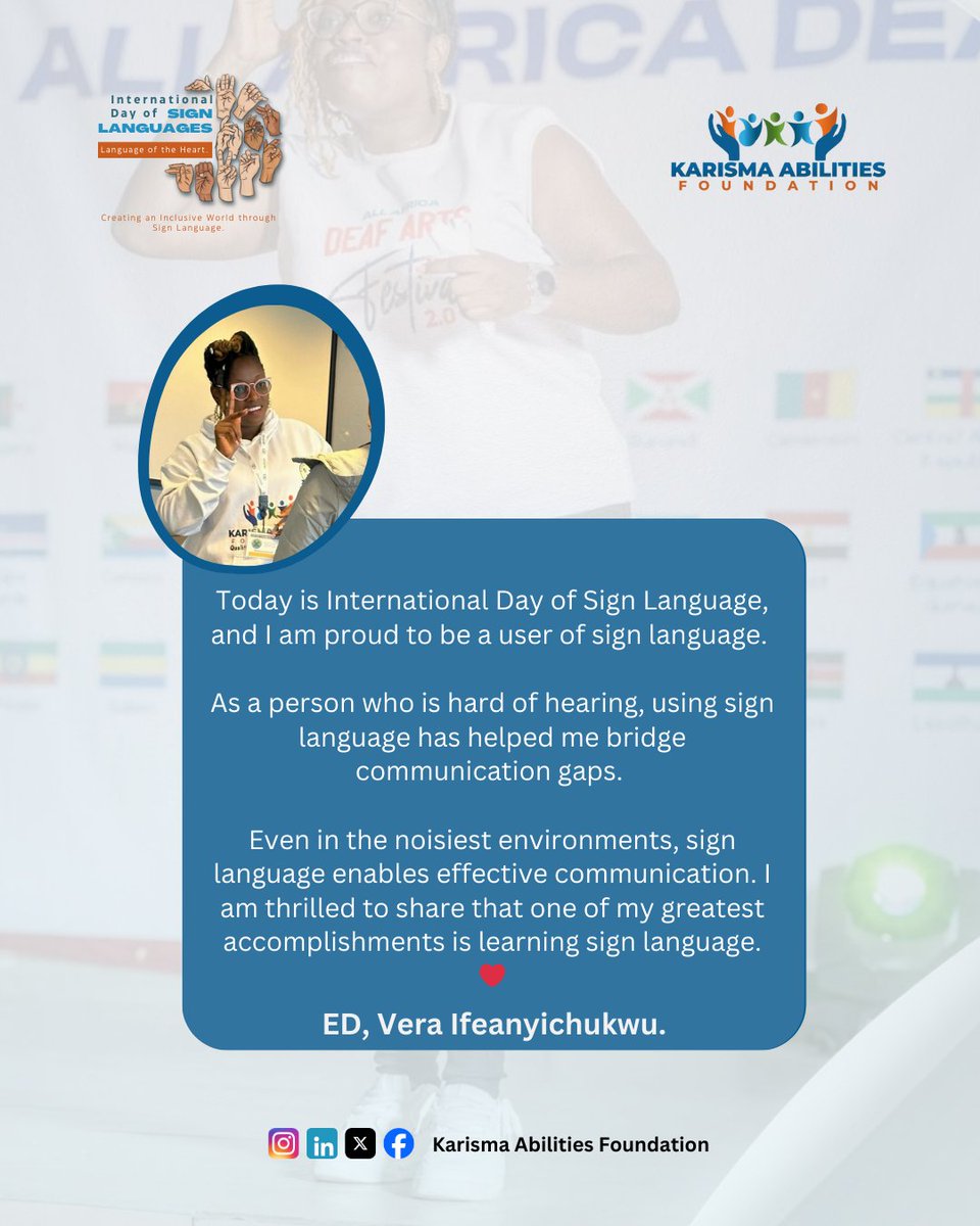 Kaabfound's tweet photo. Here's how much our amazing ED appreciates Sign Language.

You can also learn Sign Language to help bridge the communication gap with your hard of hearing and/or deaf friend.

Practice Inclusion Now!

#karismaabilitiesfoundation #InternationalDayOfSignLanguages  #InclusionMatters https://t.co/hCL9UOkq5u