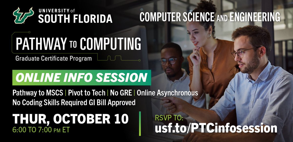 USFInED's tweet photo. Ready to pivot into a tech career? Explore your opportunities with USF’s Pathway to Computing Graduate Certificate Program! 💻

This is your chance to step into the world of tech—no matter your background!

RSVP now: https://t.co/4JcOk1sjQ4 https://t.co/sSBuaPJ2ni