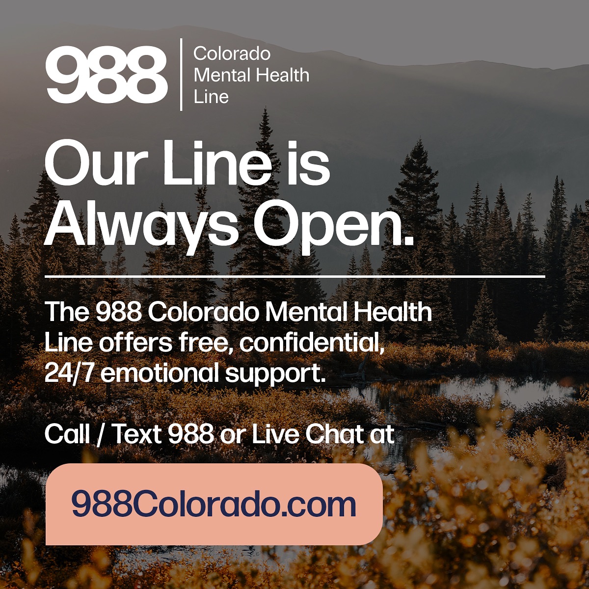 SpiritoftheSun1's tweet photo. 988 is a free and confidential service that provides non-judgmental support for emotional concerns when you need it. Talk to a trained specialist at any time of day. Call or text 988, or live chat at https://t.co/9mTk1OFJ9Q #988Colorado #988Lifeline https://t.co/hU2VyJQlT9