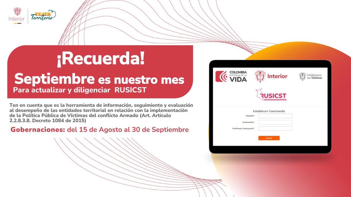 MinInterior's tweet photo. 🗓️El 30 de septiembre vence el plazo para las gobernaciones en el #RUSICST, el mecanismo de información, seguimiento y evaluación al desempeño de las entidades territoriales, en relación con la implementación de las políticas públicas de víctimas.
📧ℹ️: me.gtv@mininterior.gov.co https://t.co/WOjbq86vR4