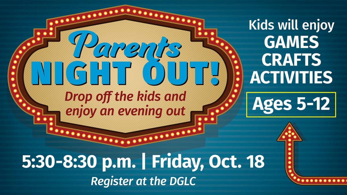 BvilleParks's tweet photo. 🎉 #ParentsNightOut! Drop off kids (ages 5-12) with trusted park district staff for a night of games and crafts from 5:30-8:30 p.m. on Oct. 18 at the #DGLC. Enjoy the evening while they have fun! Reserve now for a well-deserved break! ✨ Fee: $40 #DateNight🍷 https://t.co/1I72QjFyGo