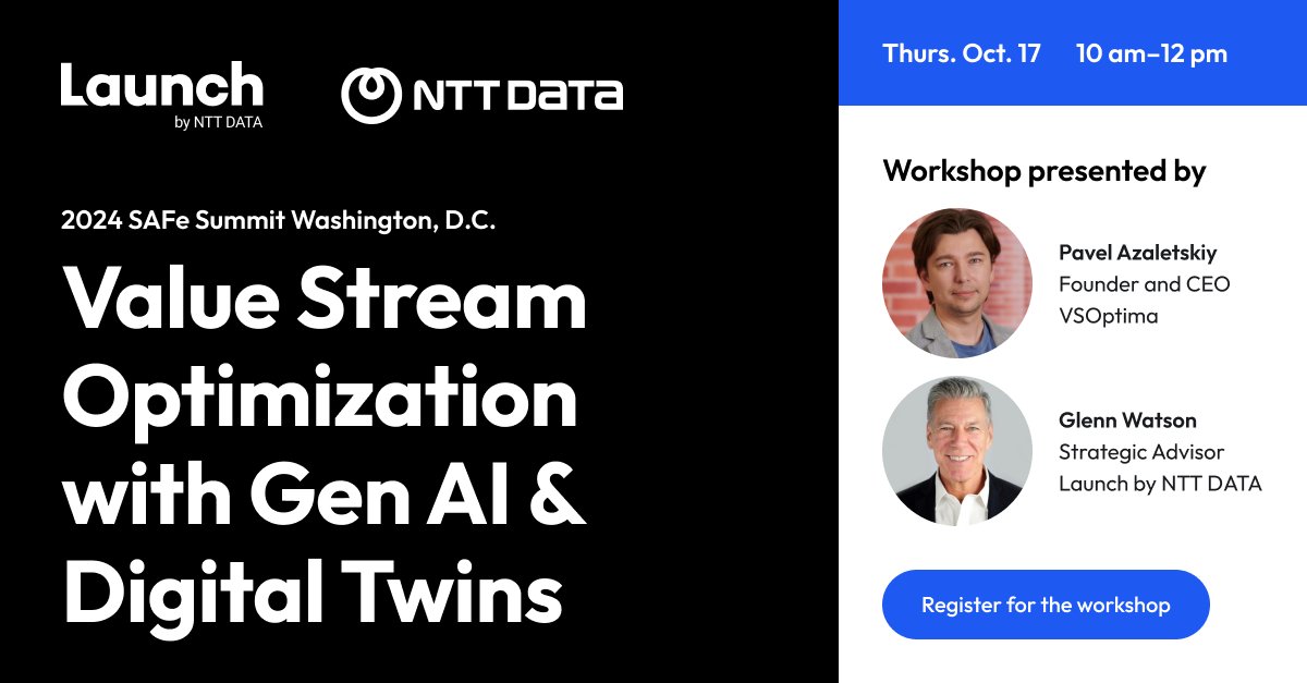 launchbynttdata's tweet image. Don’t miss our exclusive workshop at the 2024 SAFe Summit in Washington, D.C.! Learn how GenAI can revolutionize value stream management, optimize workflows, and enhance decision-making. Limited seating—reserve your spot today! launch.nttdata.com/safe-summit-20…