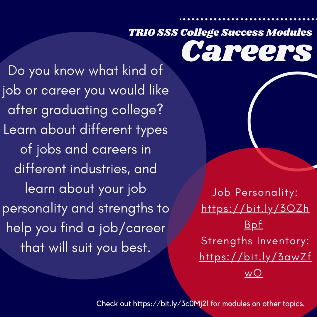 nw_triosss's tweet image. Do you know what kind of job or career you would like after graduating college? Learn about different jobs and careers, and learn your job personality and strengths to help you find a job/career that will suit you best.

#collegesuccessmodules #TRIOSSS #careers #collegesuccess