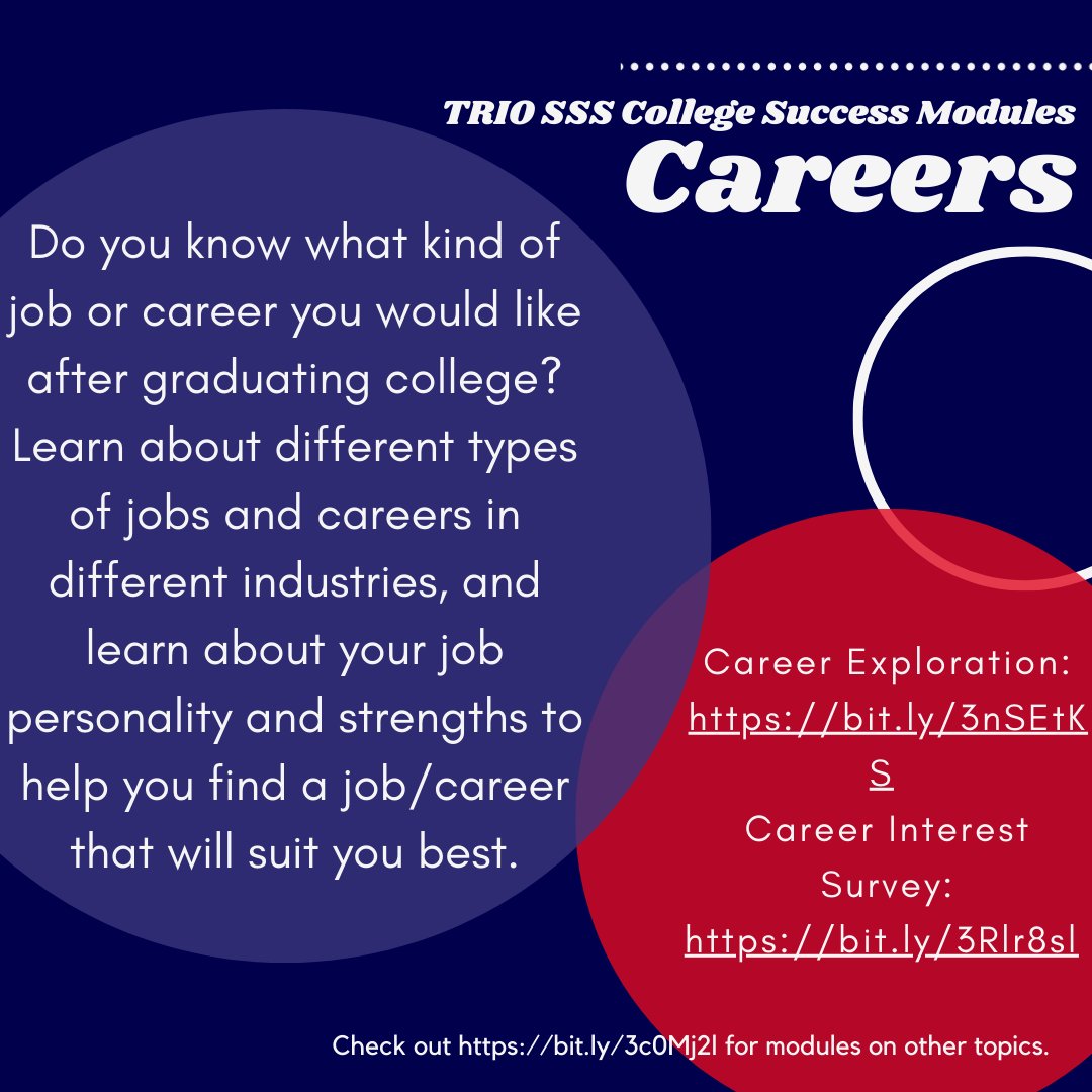 nw_triosss's tweet image. Do you know what kind of job or career you would like after graduating college? Learn about different jobs and careers, and learn your job personality and strengths to help you find a job/career that will suit you best.

#collegesuccessmodules #TRIOSSS #careers #collegesuccess