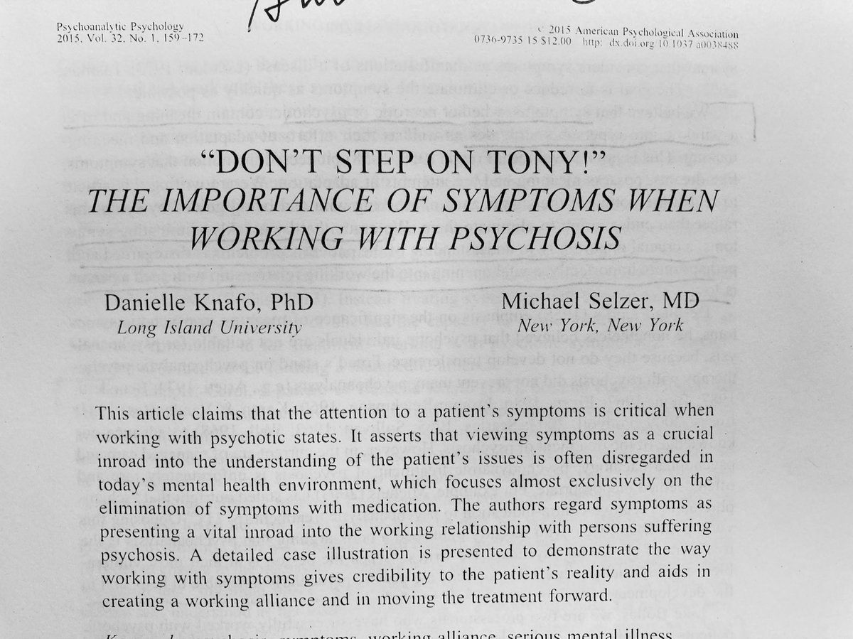 drglennsullivan's tweet photo. Intro to Psychotherapy — Session 11

Psychotic symptoms are a sign that the patient is “fighting for his or her life.” Explore the meaning of psychotic symptoms; don’t just try to eliminate them. https://t.co/s7JHe7a8w7
