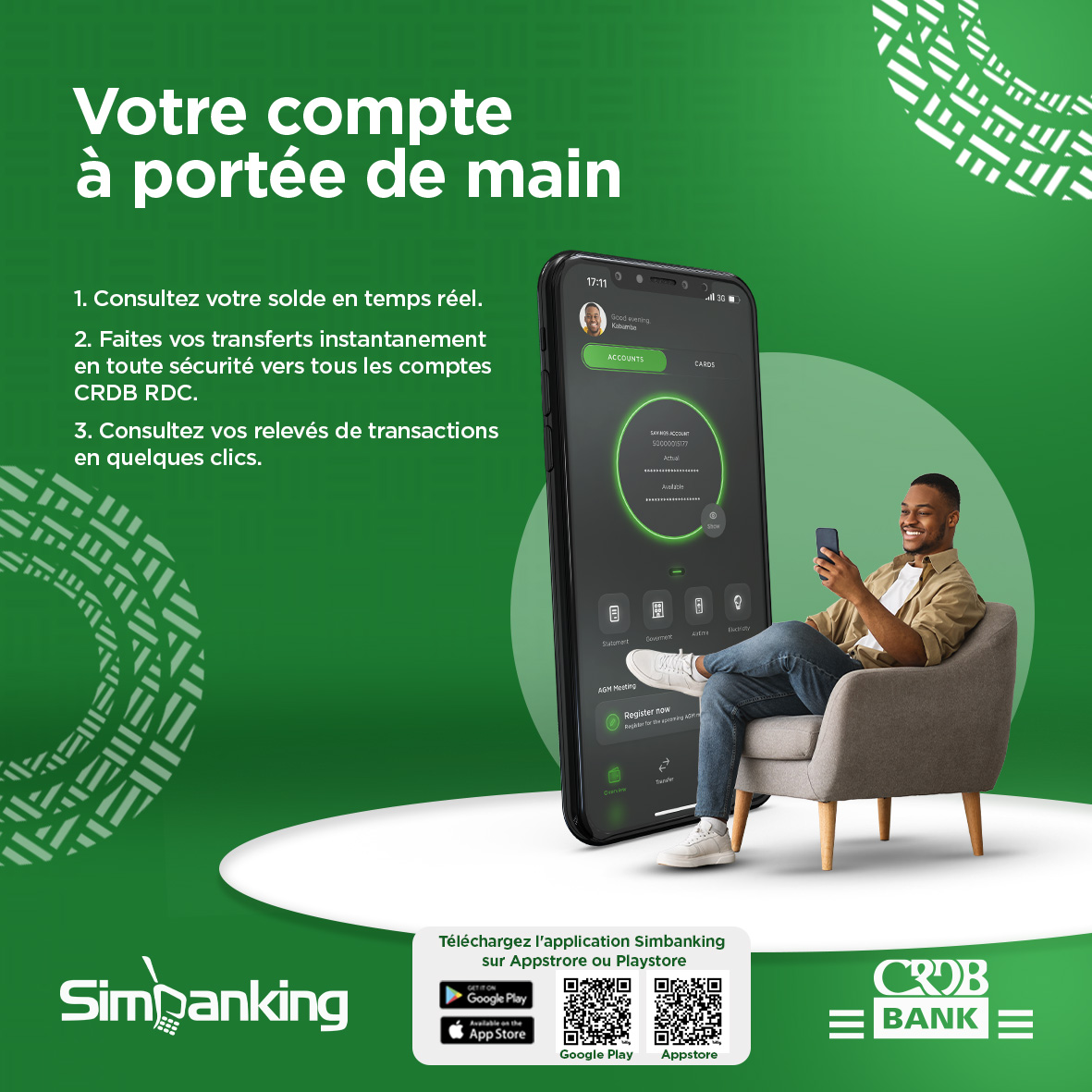 crdbbankcongo's tweet photo. Gardez un contrôle total sur vos finances avec #SIMBANKING !
Accédez à vos comptes où que vous soyez, en quelques clics.
#Simbanking #VotreCompteAuBoutDesDoigts #Digital #crdbbankcongo https://t.co/n1oxy5YcM1