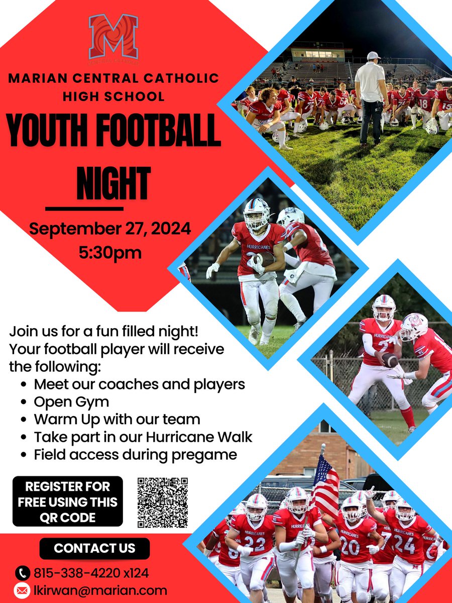 Don’t forget about our 3rd annual Youth Night this Friday. It’s sure to be an exciting evening as our Hurricanes take on Christ the King for Homecoming!  Come be a part of our warm up, walk out and pregame!  Scan the QR code to sign up!

#OneHeartbeat #FACT