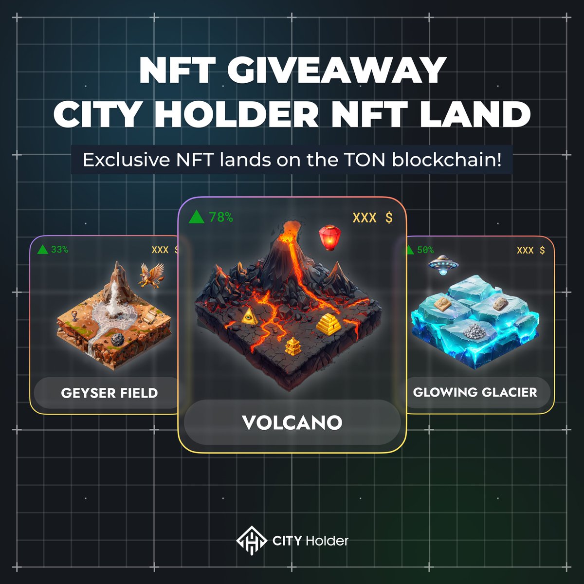 city_holder's tweet photo. 🎉 NFT Land Giveaway in CITY Holder! 🎉

We’re giving away 5 unique NFT lands! 🏙 
Want a chance to win? Follow the steps and join our world. 🌍

📌 Check the rules here: https://t.co/KEAewsq26f
📅 Starts: Sept 23
📅 Ends: Sept 26, 11:00 (UTC)

#CITYHolderNFTLand