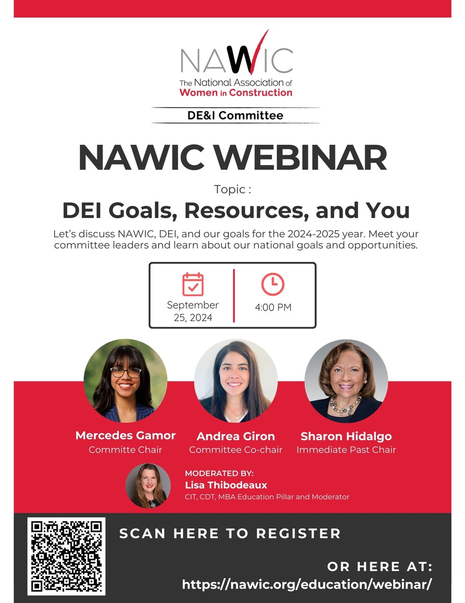 Let’s discuss NAWIC, DEI, and our goals for the 2024-2025 year. Meet your committee leaders and learn about our national goals, opportunities for awards, sponsorships, and leadership opportunities. 

Register here: ow.ly/WJuJ50TfzZ3

#NAWIC #NAWICDEI