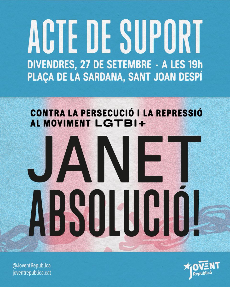 📢 ACTE DE SUPORT #JanetAbsolució | Contra la persecució i la repressió al moviment LGTBI+ 🏳️‍🌈🏳️‍⚧️

👉 Aquest divendres, a les 19h, a la plaça de la Sardana (Sant Joan Despí). Ens hi veiem! 

Sempre amb la gent que lluita 💥