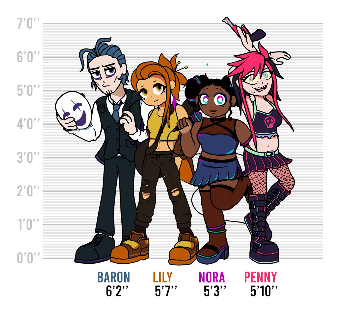 With 6 Anemoia characters now designed I can start on additional material, starting with this humanoid height chart.

It was fun creating them over the past few months having never done something like this before. It really comes together when I get to see them in a single image.