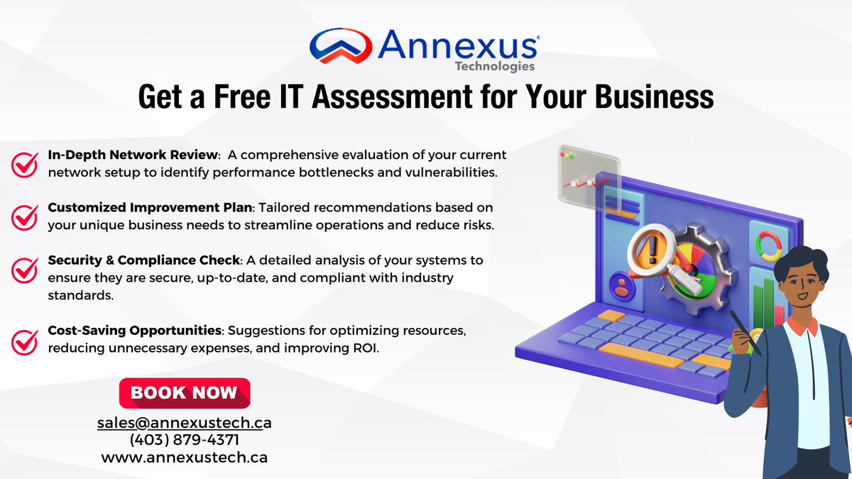 annexustech's tweet photo. Is your IT infrastructure optimized for success? Annexus Technologies offers a Free IT Assessment to help you identify key areas for improvement, boost performance, and enhance security: https://t.co/4McawkpcDv https://t.co/0PYnWteyWx