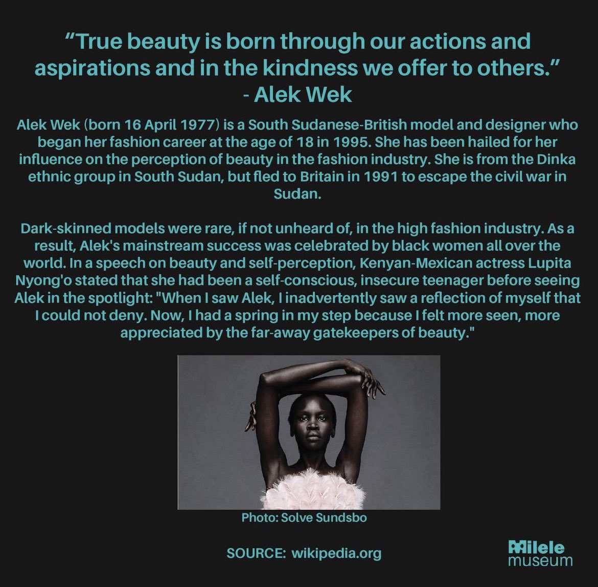 MileleMuseum's tweet photo. We celebrate #AlekWek for redefining beauty standards and her profound #humanitarian work in #Sudan . Her journey from #africanmodel to advocate embodies compassion, inspiring us to embrace and uplift every shade of beauty.
#sudanese #honor #AfricanLeaders #influencer https://t.co/e41MKlySXE