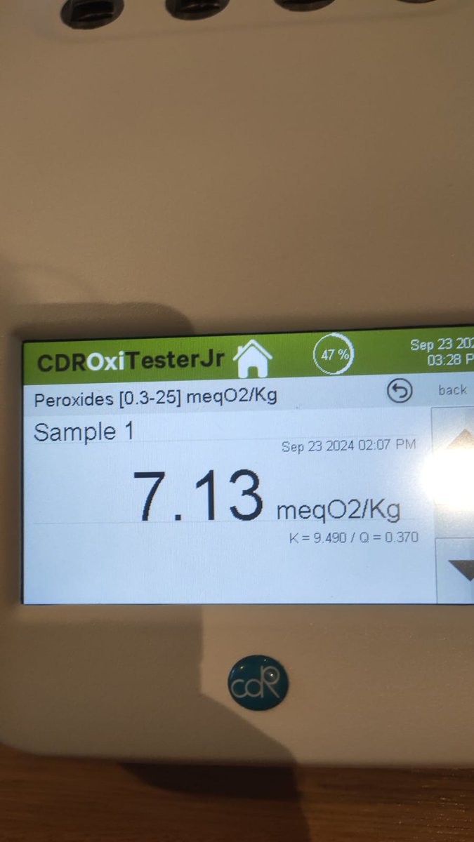 I purchased an analyzer (CDR Oxitester Jr) a while ago to measure acidity, peroxides and total polyphenols in olive oil. Today was the training day. Below values are for my almost ten months old EVOO. Harvested on December 10&amp;11, 2023, Arbequina variety, 880 m. elevation. It is