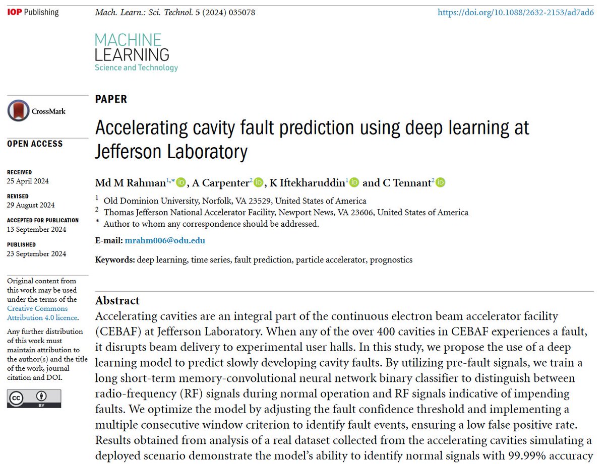 MLSTjournal's tweet photo. Great new work by Md M Rahman, A Carpenter, K Iftekharuddin and C Tennant @JLab_News @ODU_ECE @ODU_Engineering @ODU- 'Accelerating #cavity fault prediction using #deeplearning at #JeffersonLaboratory' - https://t.co/qNHISogHam #accelerators #machinelearning #beams #HEP #AI #CEBAF https://t.co/R9a5Fdr4uX