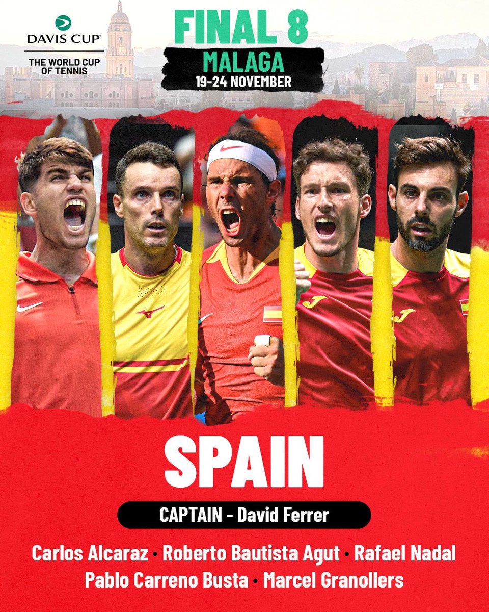 UniversTennis's tweet photo. 🚨 𝗢𝗙𝗙𝗜𝗖𝗜𝗘𝗟 ! Rafael Nadal fait partie de l’Équipe d’Espagne pour le FINAL 8 de la Coupe Davis à Malaga en novembre. 💚🇪🇸 https://t.co/vipqxa5fvB