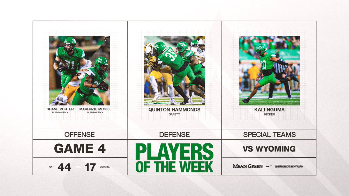 UNT Football (@meangreenfb) on Twitter photo Our Players of the Week!
O: @Shane_P2 & <a href="/makenzie_mcgill/">Makenzie McGill ll</a>
D: <a href="/Qhammonds13/">Quinton Hammonds</a>
ST: <a href="/Kali_Nguma/">Mikaeli Nguma</a>
#GMG🦅 | #BTB Our Players of the Week!
O: @Shane_P2 & <a href="/makenzie_mcgill/">Makenzie McGill ll</a>
D: <a href="/Qhammonds13/">Quinton Hammonds</a>
ST: <a href="/Kali_Nguma/">Mikaeli Nguma</a>
#GMG🦅 | #BTB