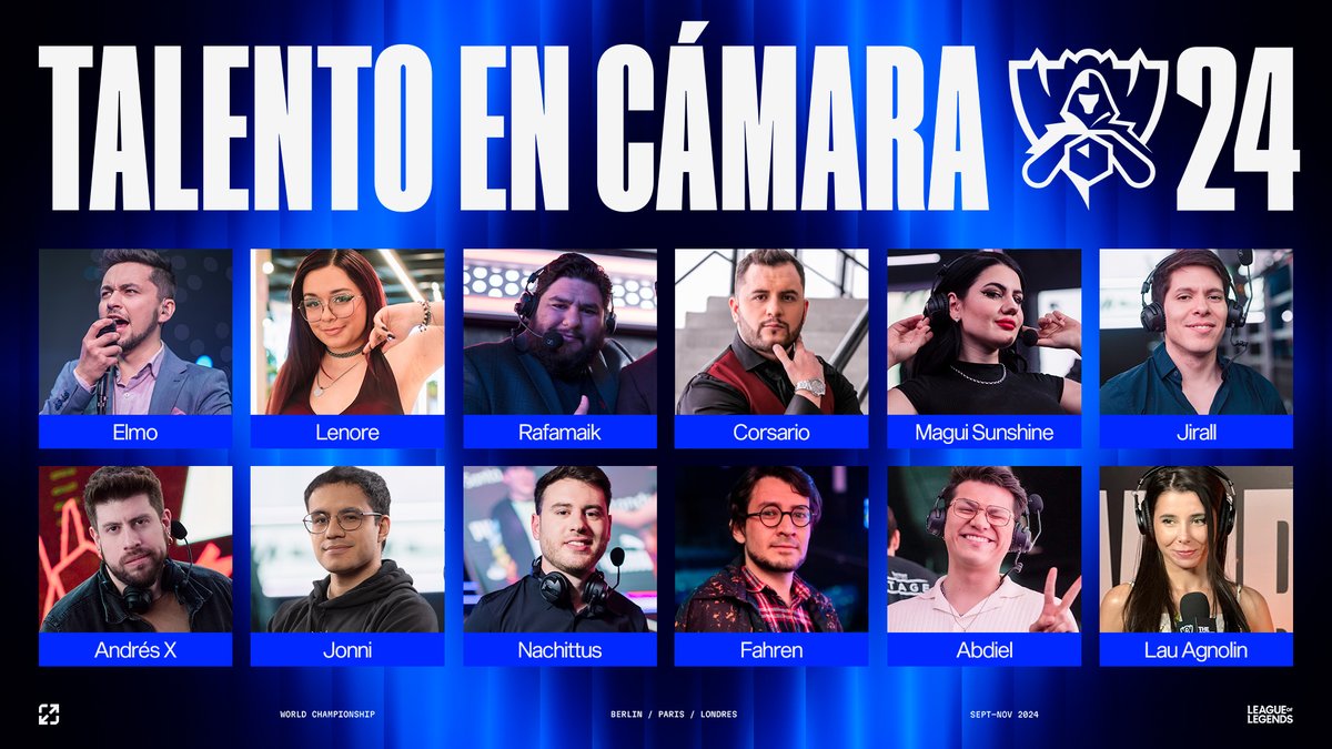 LTA (@ltaespanol) on Twitter photo ¡Conoce a la voces que le darán vida a #Worlds2024 a partir del 25 de Septiembre! 🔥
🇦🇷 <a href="/NachittusTW/">Nachittus⭐️⭐️⭐️</a>
🇦🇷 @maguisunshine
🇨🇱 <a href="/RafamaikGG/">Rafamaik</a>
🇨🇱 @corsariotv
🇨🇱 @bastian_elmo
🇨🇴 <a href="/CristianFahren/">Cristian 'Fahren' Franco</a>
🇨🇴 @lenorune
🇨🇴 <a href="/Jonnijuro/">Jonni 🐈</a>
🇧🇷 <a href="/lauagnolin/">Lau Agnolin 🎙 LTA Sur</a>
🇲🇽 <a href="/abdiel_tyrone/">Abdiel T.</a>
🇲🇽 <a href="/ProfeAndresX/">Andrés Jamit</a>
🇲🇽 <a href="/LordJirall/">Daniel del Castillo</a> ¡Conoce a la voces que le darán vida a #Worlds2024 a partir del 25 de Septiembre! 🔥
🇦🇷 <a href="/NachittusTW/">Nachittus⭐️⭐️⭐️</a>
🇦🇷 @maguisunshine
🇨🇱 <a href="/RafamaikGG/">Rafamaik</a>
🇨🇱 @corsariotv
🇨🇱 @bastian_elmo
🇨🇴 <a href="/CristianFahren/">Cristian 'Fahren' Franco</a>
🇨🇴 @lenorune
🇨🇴 <a href="/Jonnijuro/">Jonni 🐈</a>
🇧🇷 <a href="/lauagnolin/">Lau Agnolin 🎙 LTA Sur</a>
🇲🇽 <a href="/abdiel_tyrone/">Abdiel T.</a>
🇲🇽 <a href="/ProfeAndresX/">Andrés Jamit</a>
🇲🇽 <a href="/LordJirall/">Daniel del Castillo</a>