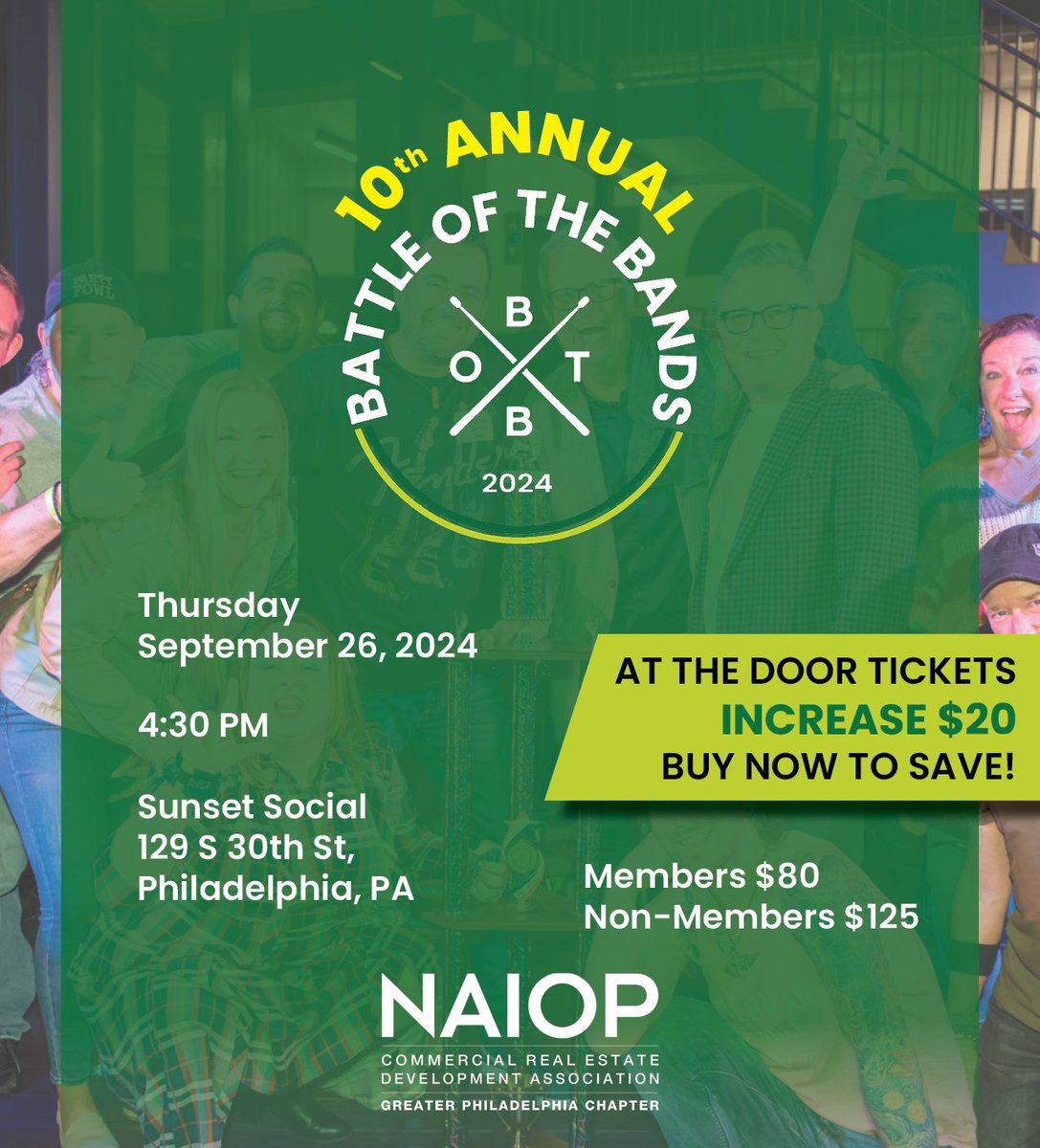 Our 10th annual Battle of the Bands is this Thursday! Tickets will be available at the door, but you save $20 per ticket by registering in advance: eventbrite.com/e/naiop-annual…  Get ready to rock 🤩 We'll see you on the Cira Green Rooftop at Sunset Social.   #NAIOPPHL