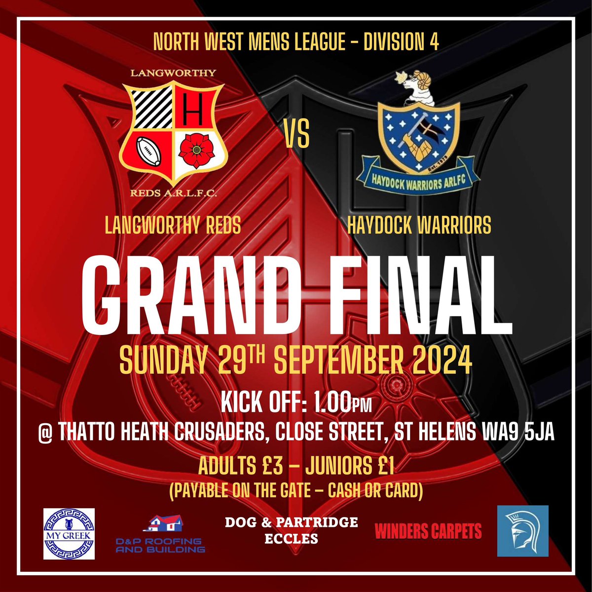 Here are the details for the Open Age Grand Final against Haydock, taking place this Sunday at Thatto Heath, 1pm kick off.

The lads have worked hard all year to make it to the final and it would be great to have a big crowd there to support them #rugbyleague