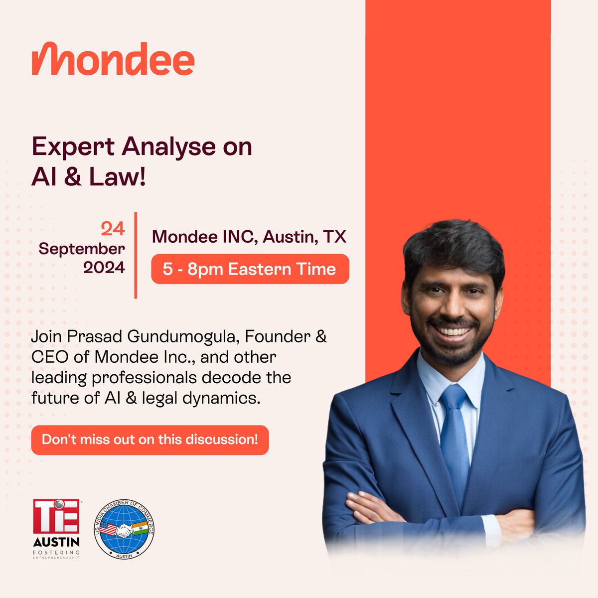 Prasad Gundumogula, Founder &amp; CEO of Mondee, will join industry leaders at "AI &amp; Law: Bridging Innovation &amp; Regulation" to explore the evolving landscape of technology and its impact on the legal profession. 

Register now: events.tie.org/Registrationan…