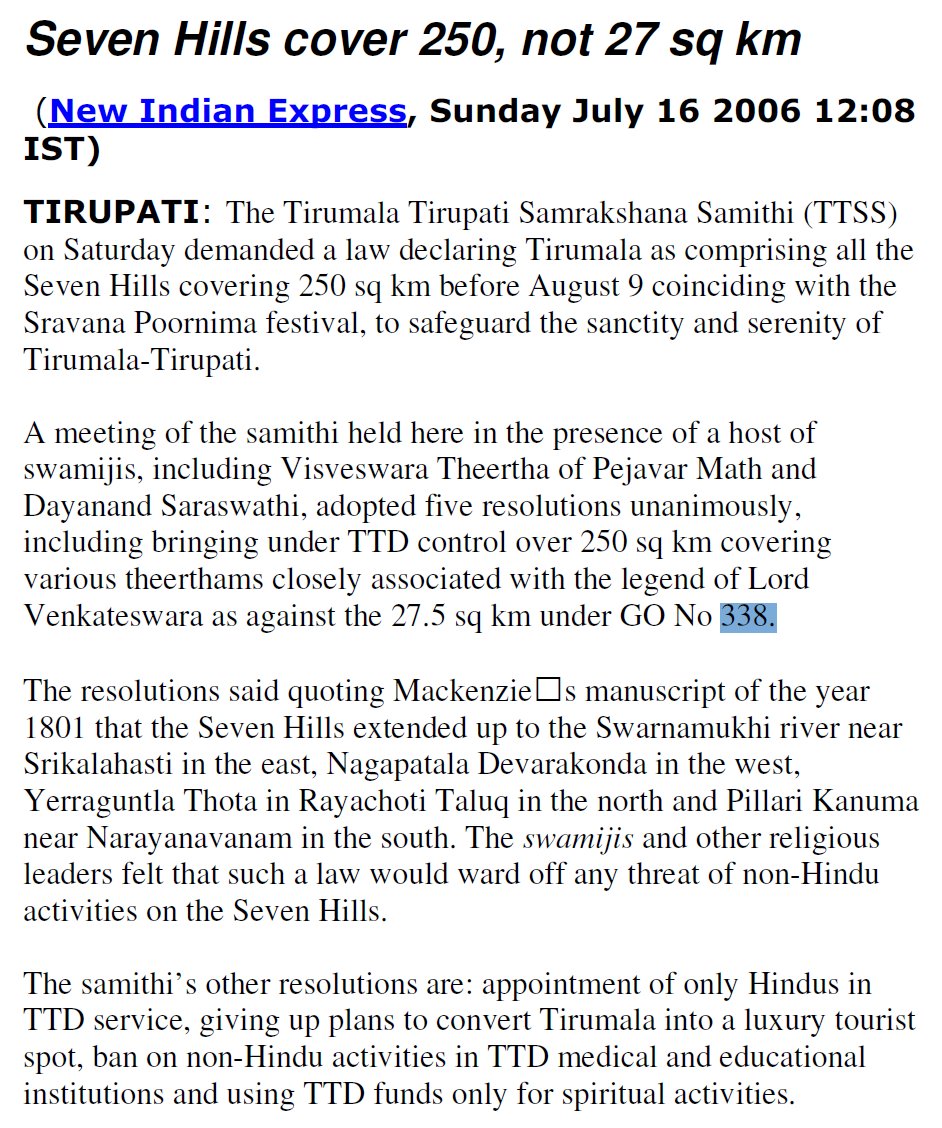 YSR with Dharma Reddy Report issued GO338=&gt;Tirumala🛕area is confined/limited to ONLY 27.5 SQKM

HC⚖️questioned GO+there were huge protests from "matadhipathulu" across🇮🇳

YSR took back 338&amp;had no choice but to re-issue NEW GO

YCP🐶's twist as if YSR gave 7 hills to Tirumala,LIE
